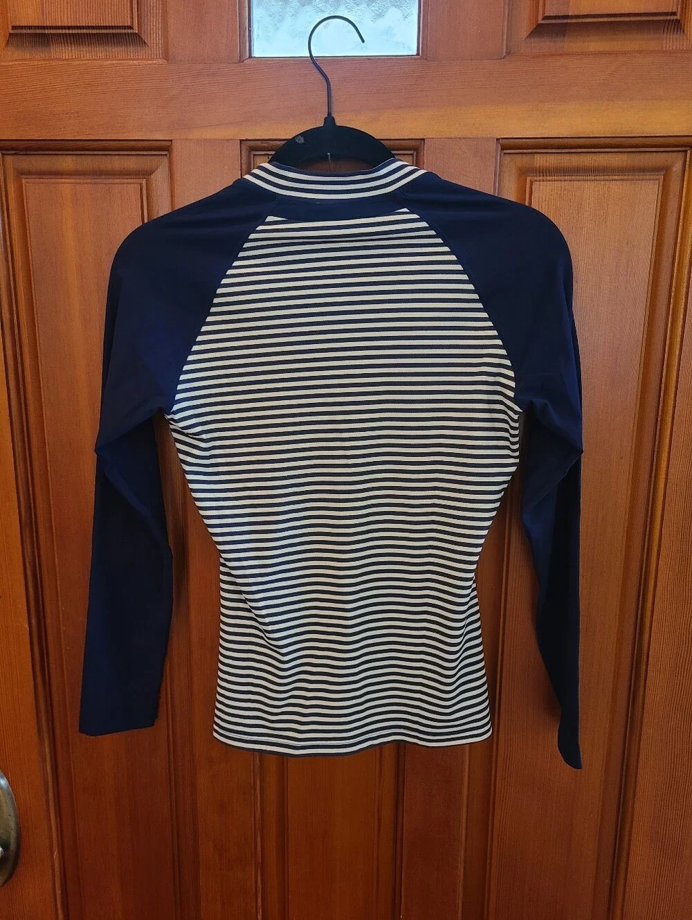 Tory Burch Navy and White Striped Zip Rash Guard with Blue Floral Accent S